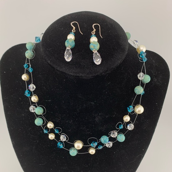 STERLING NECKLACE & EARRINGS SET FAUX PEARLS w BLUE STONE & GLASS BEADS 16-18" - Picture 2 of 9